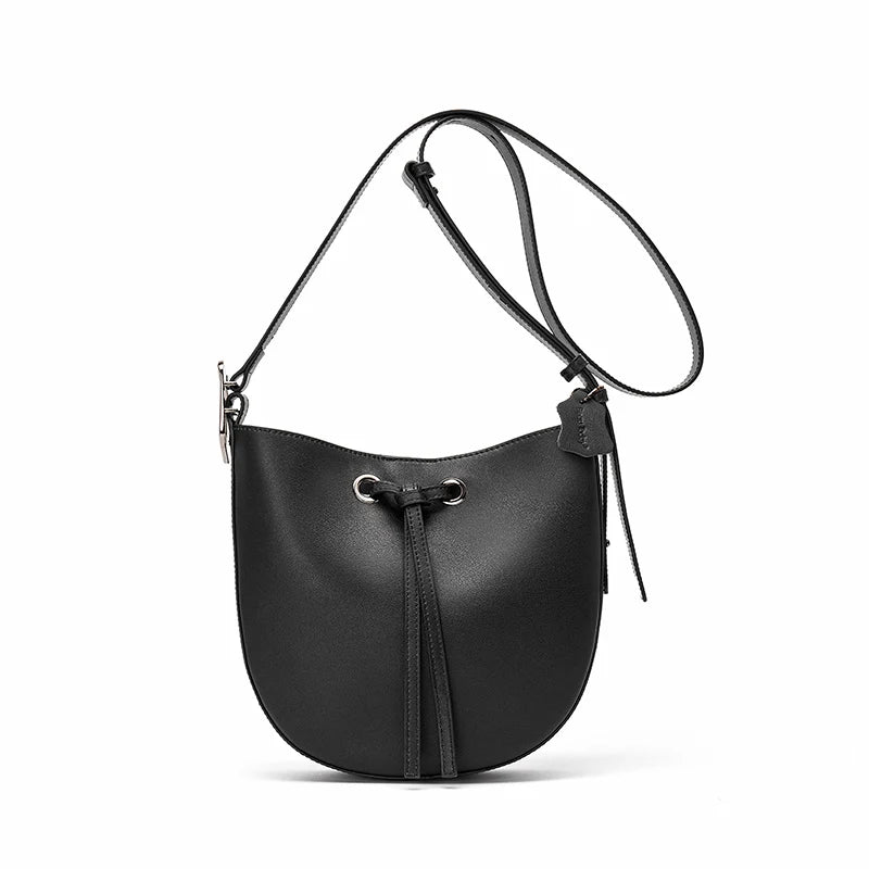 The Cordelia Cow Leather Metal Buckle Solid Long Strap Bucket Bag