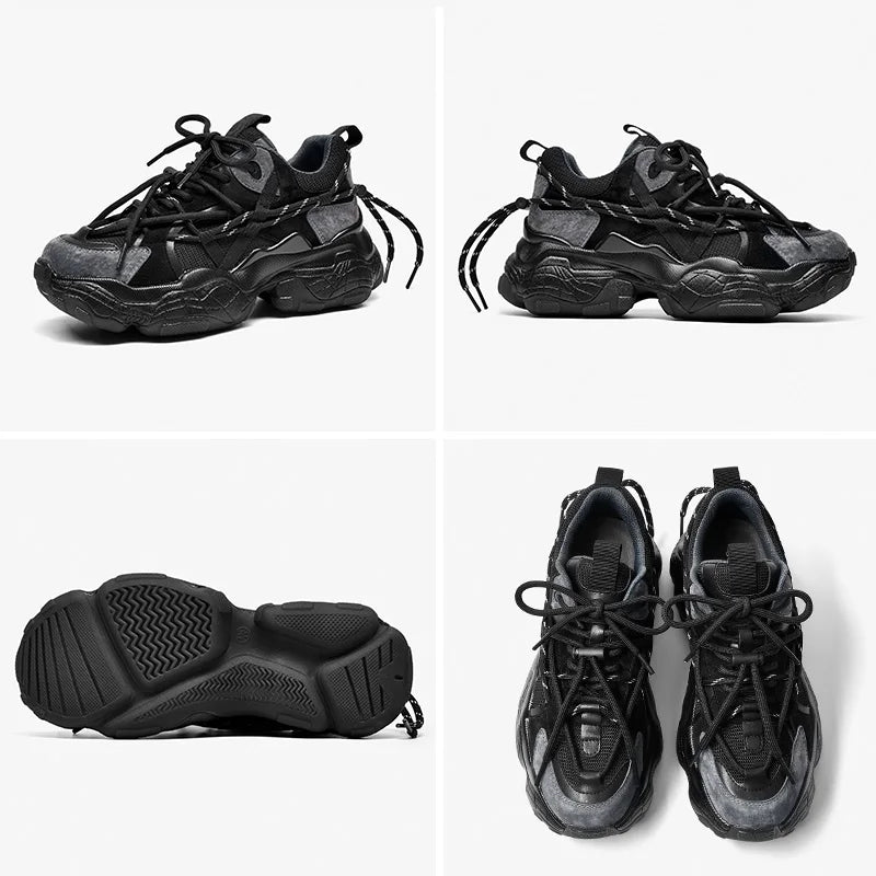 Mesh Leather Patchwork Double Lace-Up Platform Chunky Sneakers