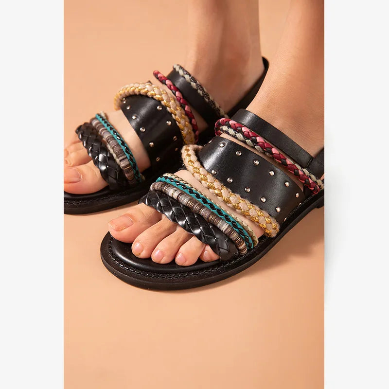 Cow Leather Mixed Color Braided Strap Slingback Sandals
