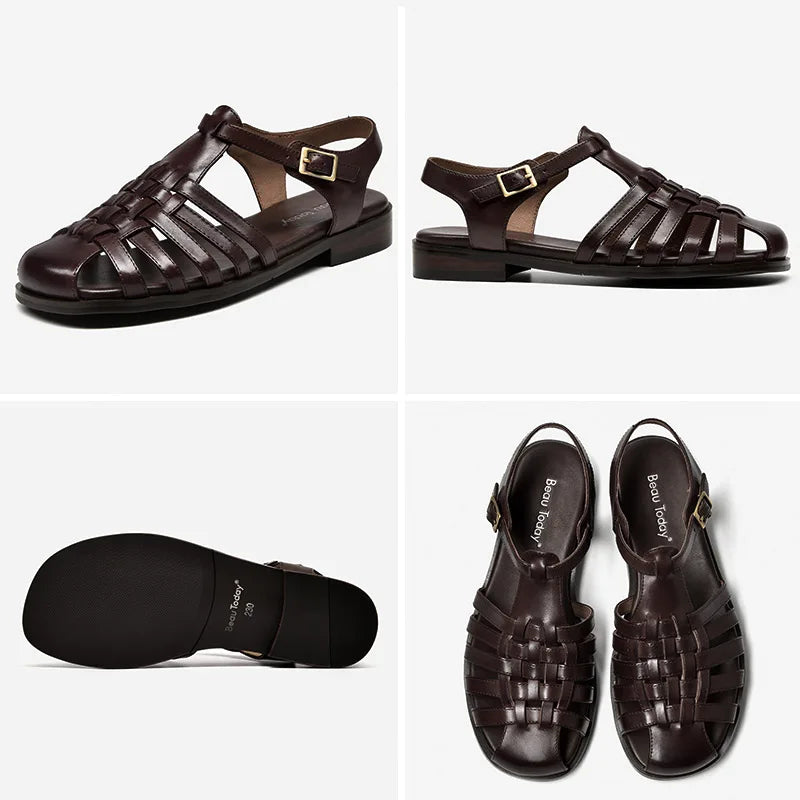 Genuine Cow Leather Cover Toe Ankle Strap Gladiator Sandals