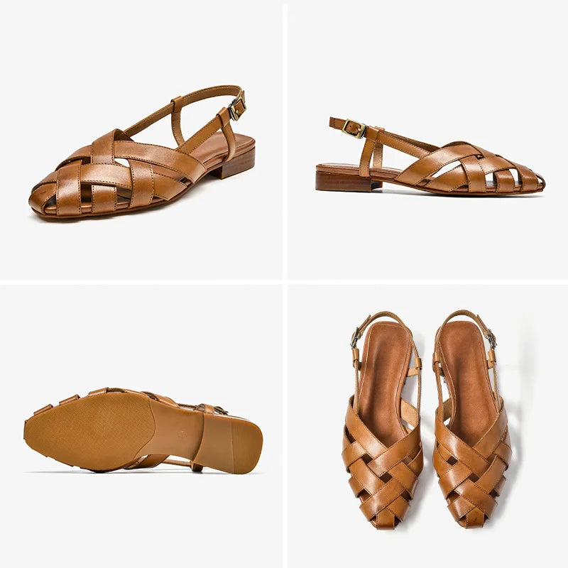 Cow Leather Braided Strap Ladies Flat Sandals