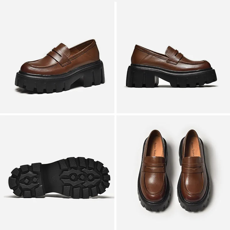 Cow Leather Slip On Chunky Sole Penny Loafers