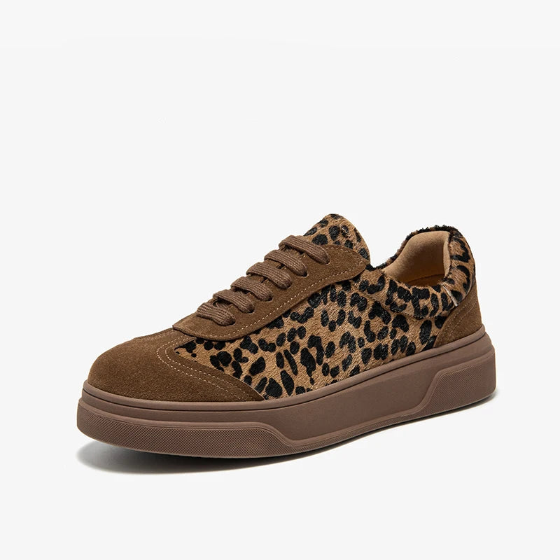 Cow Suede Lace-up Round Toe Leopard Print Sneakers