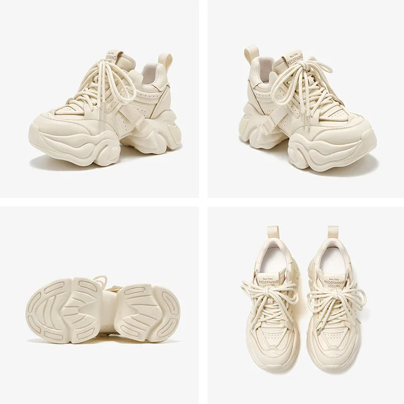 Cow Leather Solid Color Lace-up Platform Sneakers