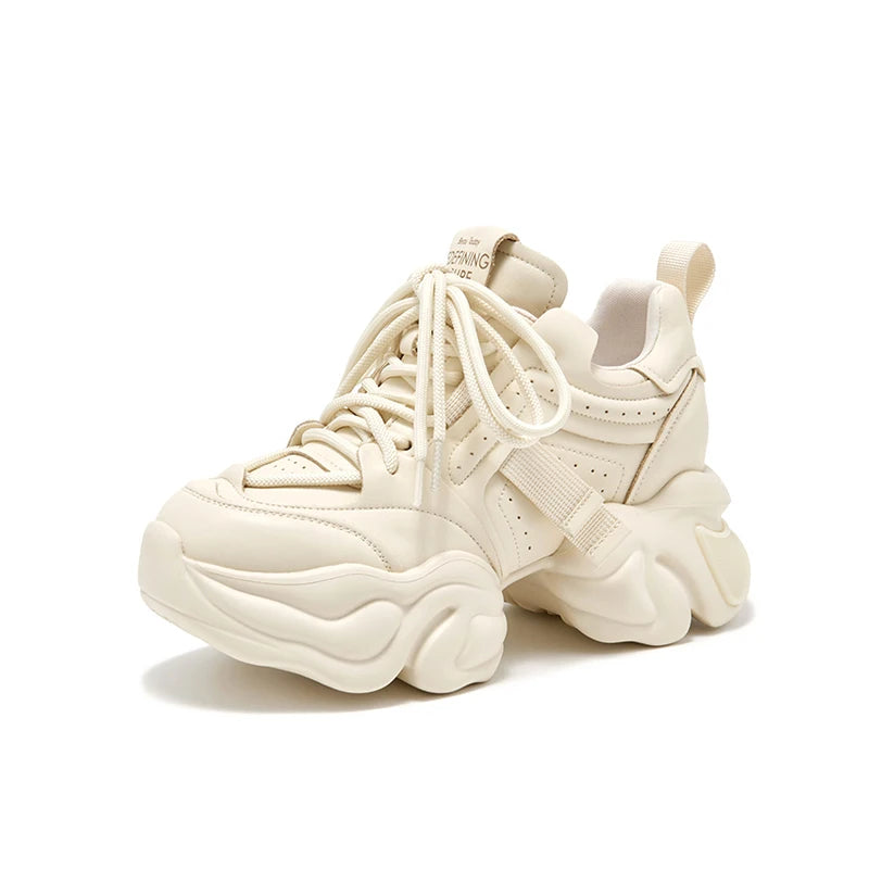 Cow Leather Solid Color Lace-up Platform Sneakers