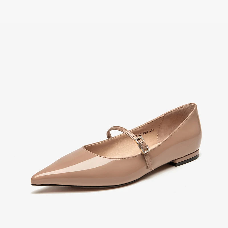 Patent Leather Pointed Toes Buckle Straps Solid Mary Jane Flats