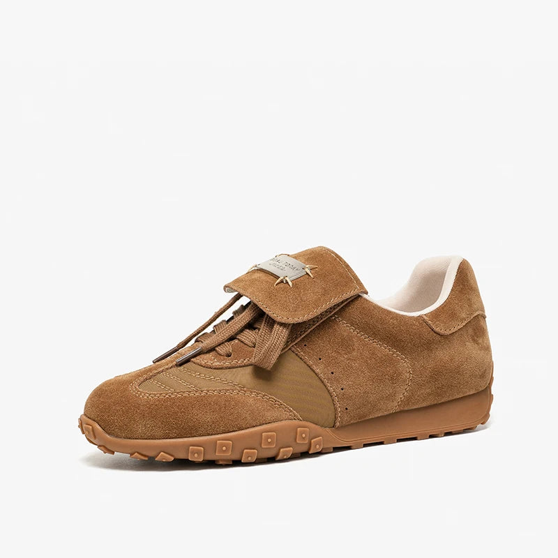 Cow Suede Metal Buckle Leather Flat Sneakers
