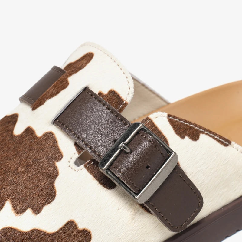 Casual Cow Leather Cow Pattern Round Toe Slippers