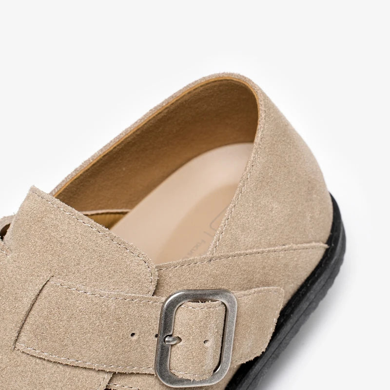 Cow Suede Leather Buckle Strap Round Toe Casual Flats