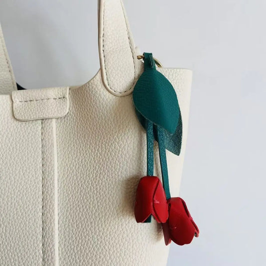 Valentine's Tulip Leather Keychain Gift | French Lambsskin Engravable Pendant