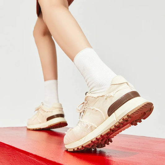 Suede Leather Patchwork Lace-Up Round Toe Sneakers