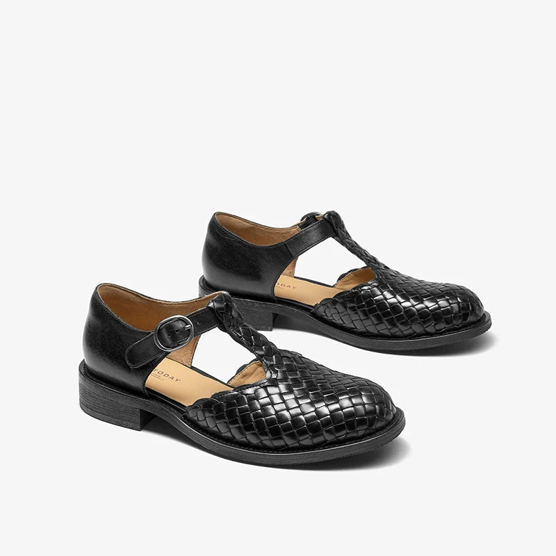 Cow Leather Weave Buckle Strap Solid Color Retro Mary Janes