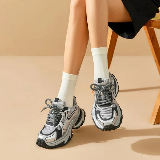 Mesh Solid Color Patchwork Thick Sole Lace-up Chunky Sneakers