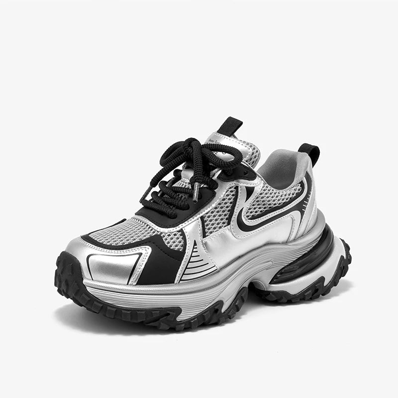 Mesh Solid Color Patchwork Thick Sole Lace-up Chunky Sneakers