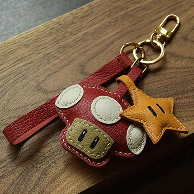 Handmade Leather Mushroom and Star Bag Charm