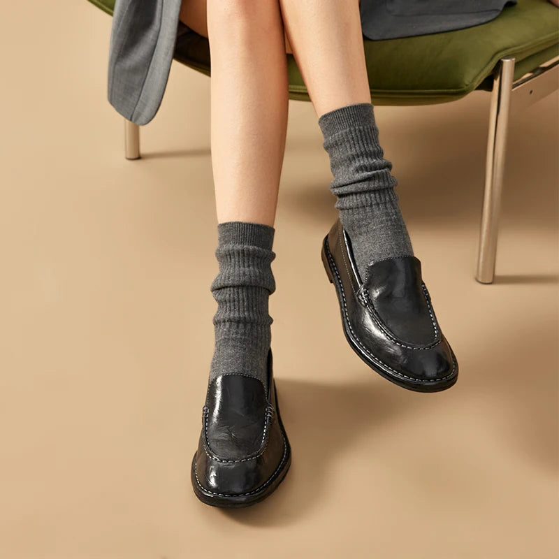 Horse Leather Round Toe Retro Slip-on Loafers