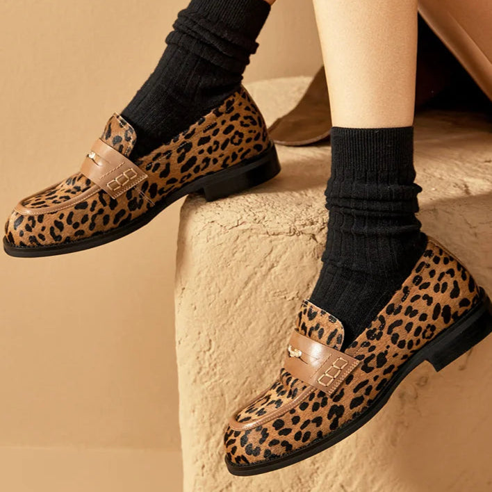 Cowhide Round Toe Square Heel Leopard Print Penny Loafers
