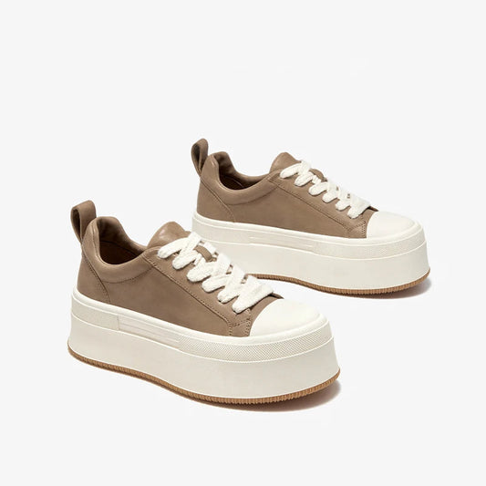 Cow Leather Platform Solid Color Round Toe Lace-up Sneakers