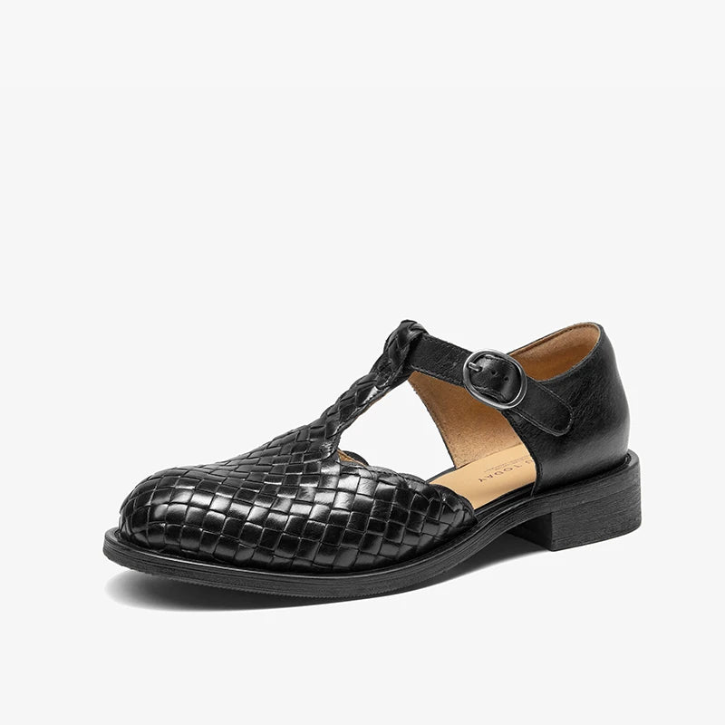 Cow Leather Weave Buckle Strap Solid Color Retro Mary Janes