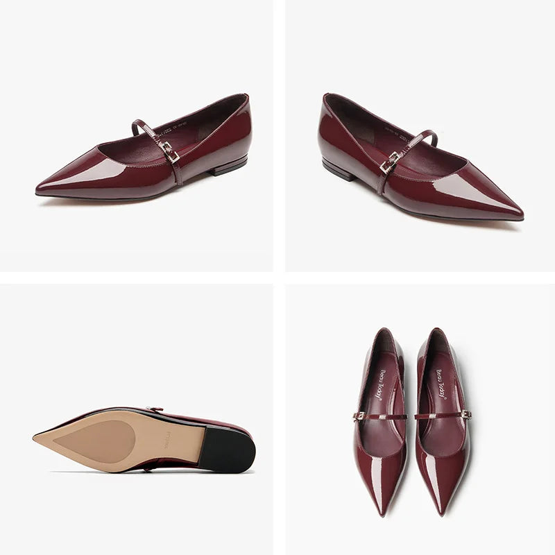 Patent Leather Pointed Toes Buckle Straps Solid Mary Jane Flats