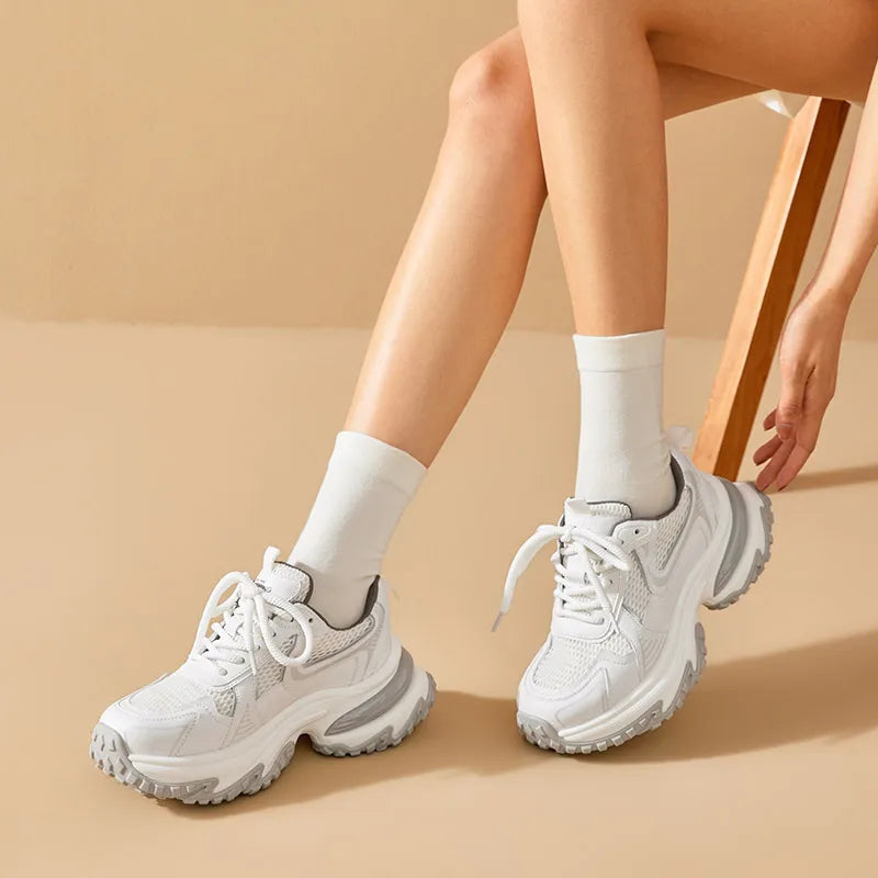 Mesh Solid Color Patchwork Thick Sole Lace-up Chunky Sneakers
