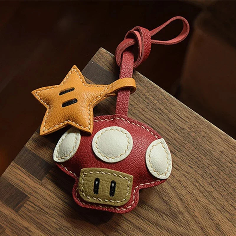 Handmade Leather Mushroom and Star Bag Charm