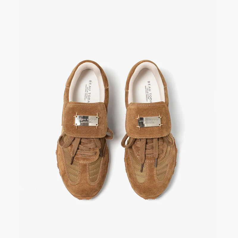 Cow Suede Metal Buckle Leather Flat Sneakers