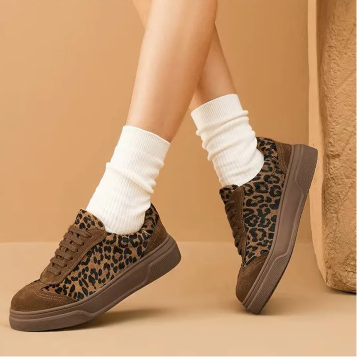 Cow Suede Lace-up Round Toe Leopard Print Sneakers