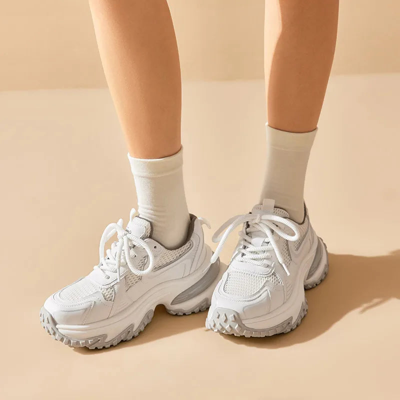 Mesh Solid Color Patchwork Thick Sole Lace-up Chunky Sneakers