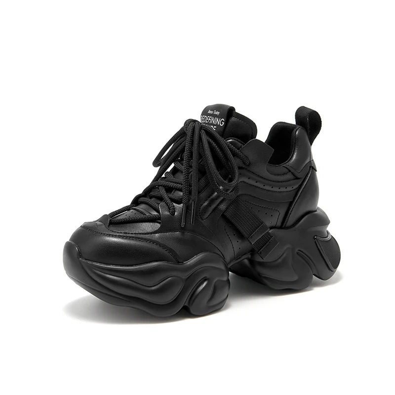 Cow Leather Solid Color Lace-up Platform Sneakers
