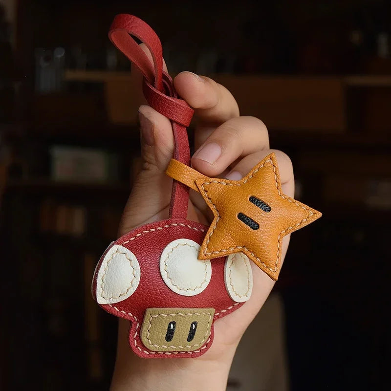Handmade Leather Mushroom and Star Bag Charm