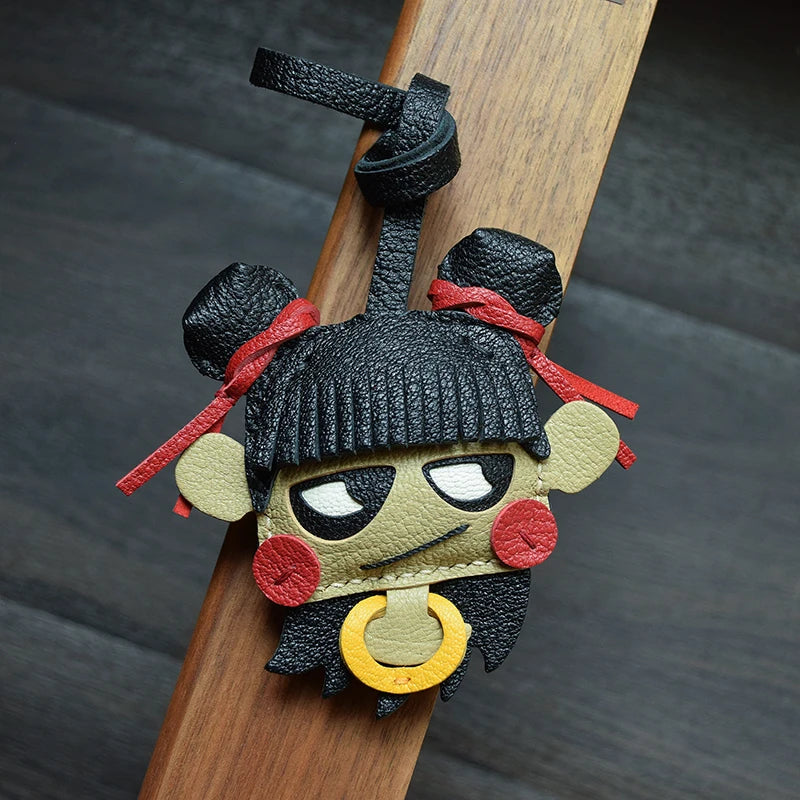 Original Nezha Design Handmade Genuine Leather Car Key Holder Chain,Unique Mythical Hero Keychain Accessory for Men and Women
