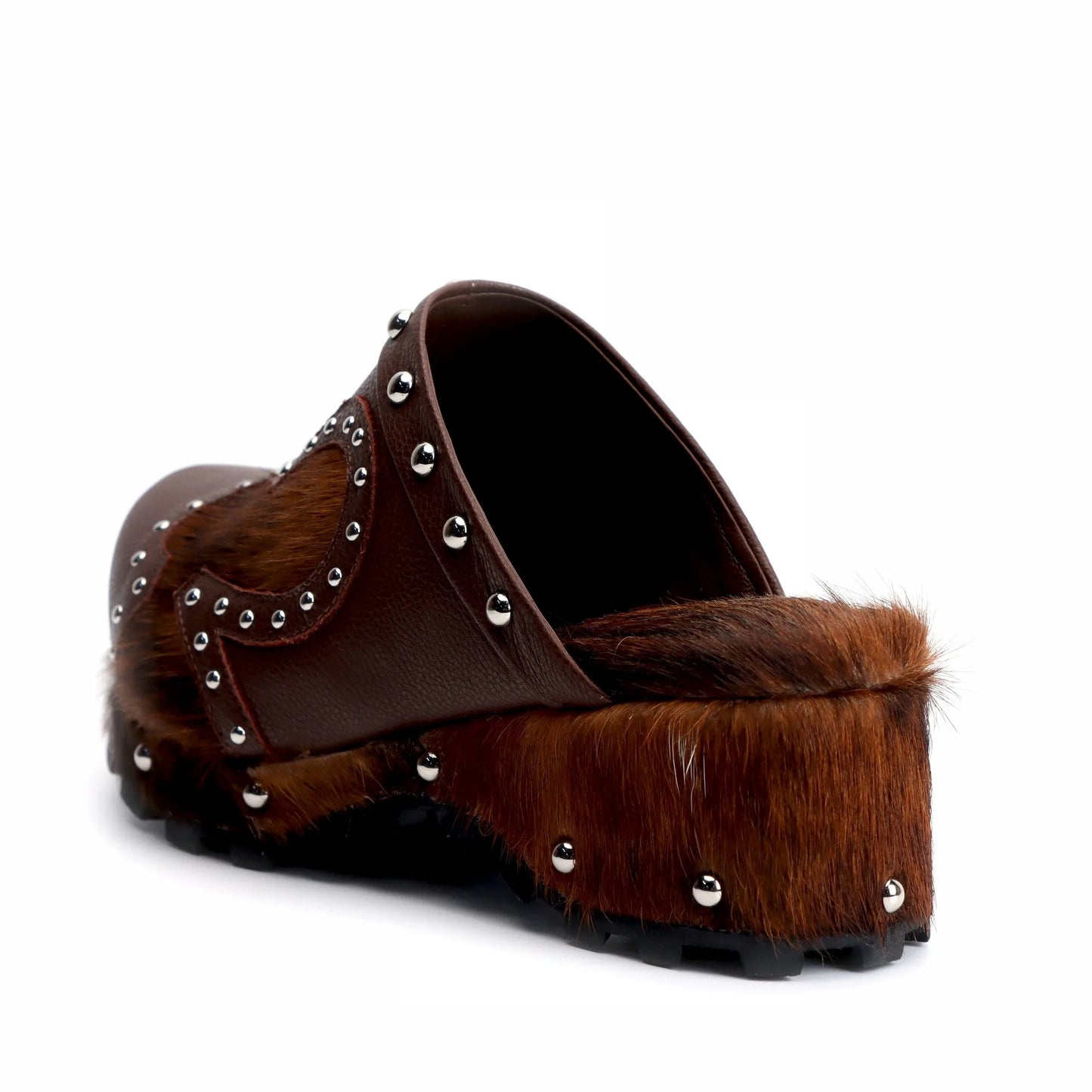 Luxury Handmade Fur Clogs Slippers for women,Natural Calf Hair Cow Leather Studded Mules,Vintage Cowboy Style with Arch Support