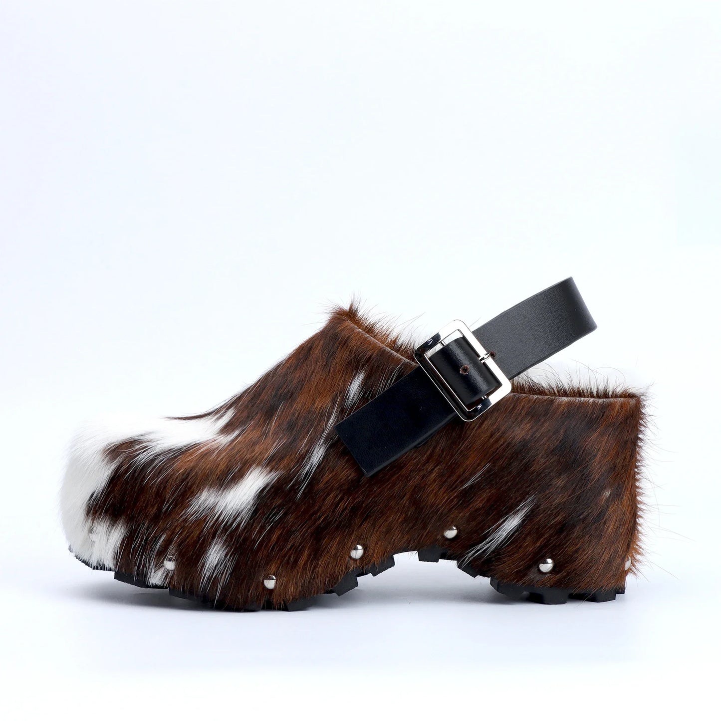Luxury Platform Clog & Mules - Designer Calf Hair & Wool-Lined Fur Sandals with Adjustable Strap, Arch Support Slip-On Comfort