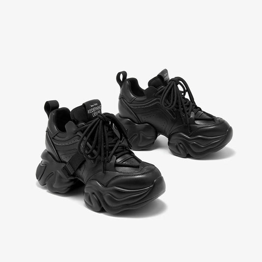 Cow Leather Solid Color Lace-up Platform Sneakers