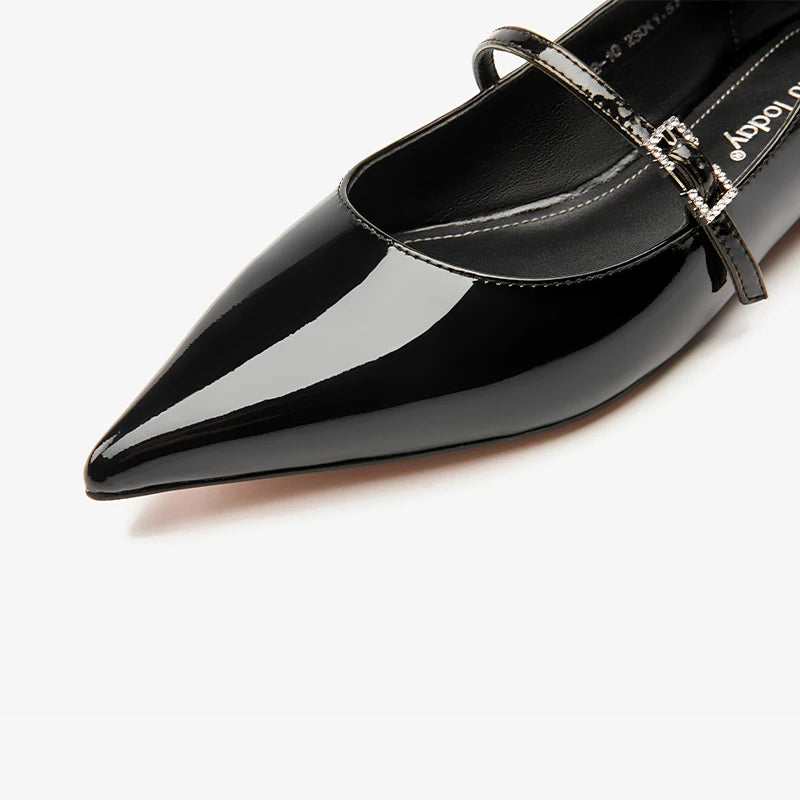 Patent Leather Pointed Toes Buckle Straps Solid Mary Jane Flats