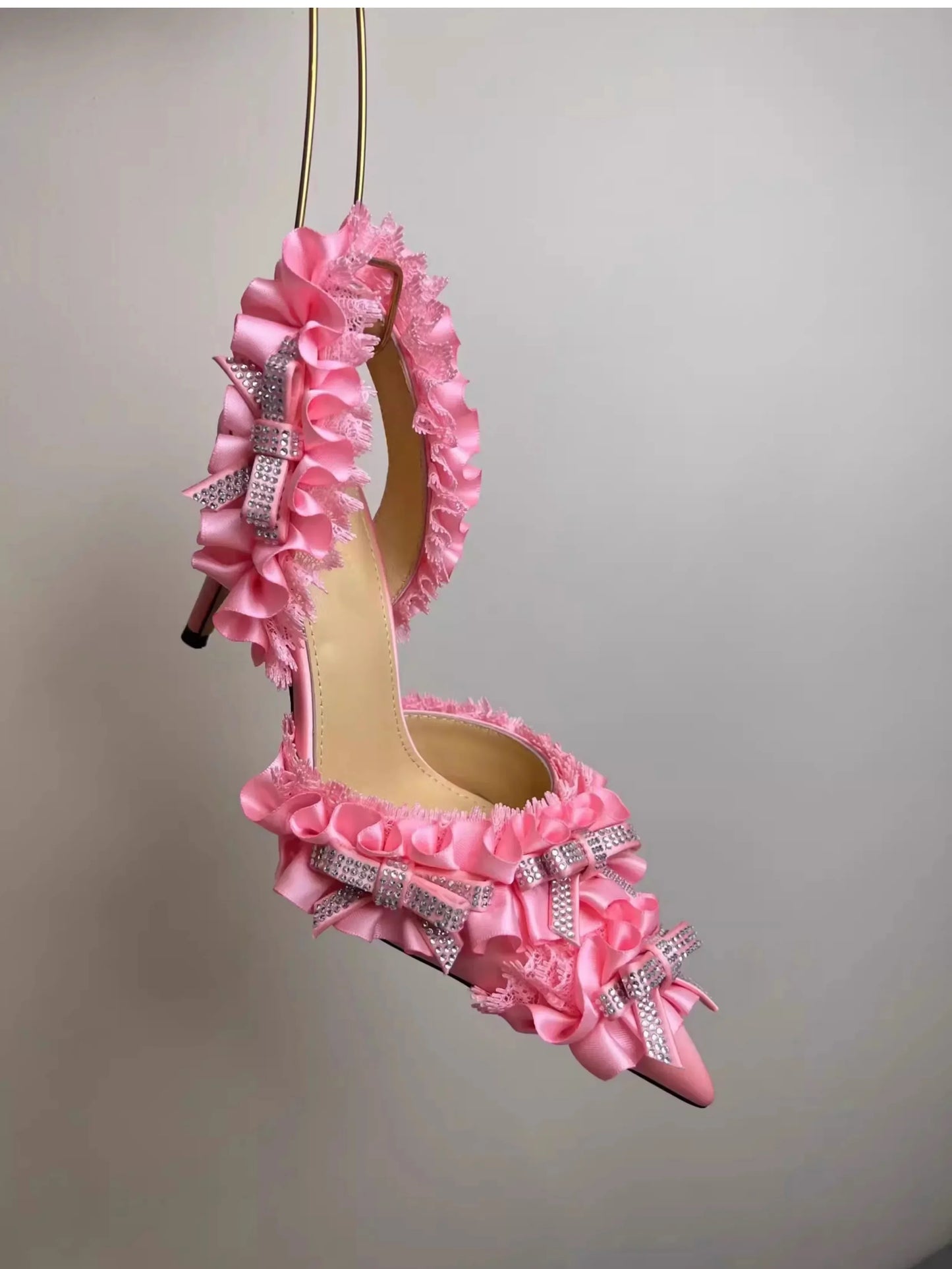 Pointed Diamond Bow Decoration Lace High Heel