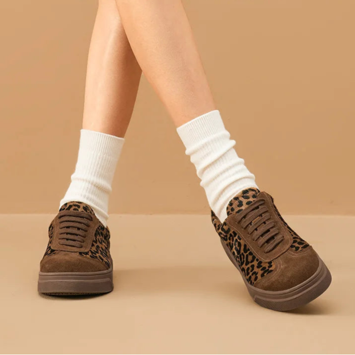 Cow Suede Lace-up Round Toe Leopard Print Sneakers