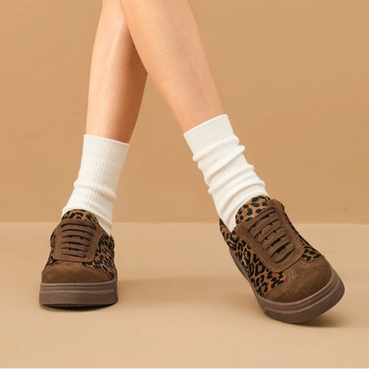 Cow Suede Lace-up Round Toe Leopard Print Sneakers