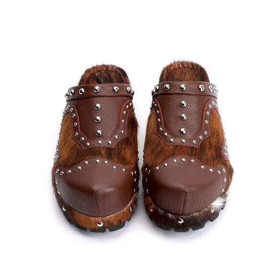 Natural Calf Hair Studded Vintage Cowboy Style Mules, with Arch Support