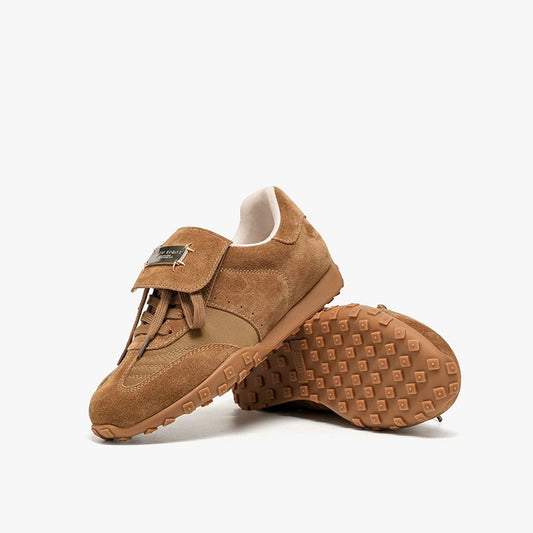 Cow Suede Metal Buckle Leather Flat Sneakers