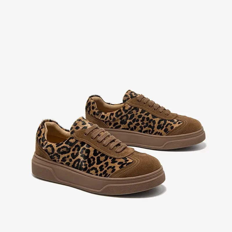 Cow Suede Lace-up Round Toe Leopard Print Sneakers