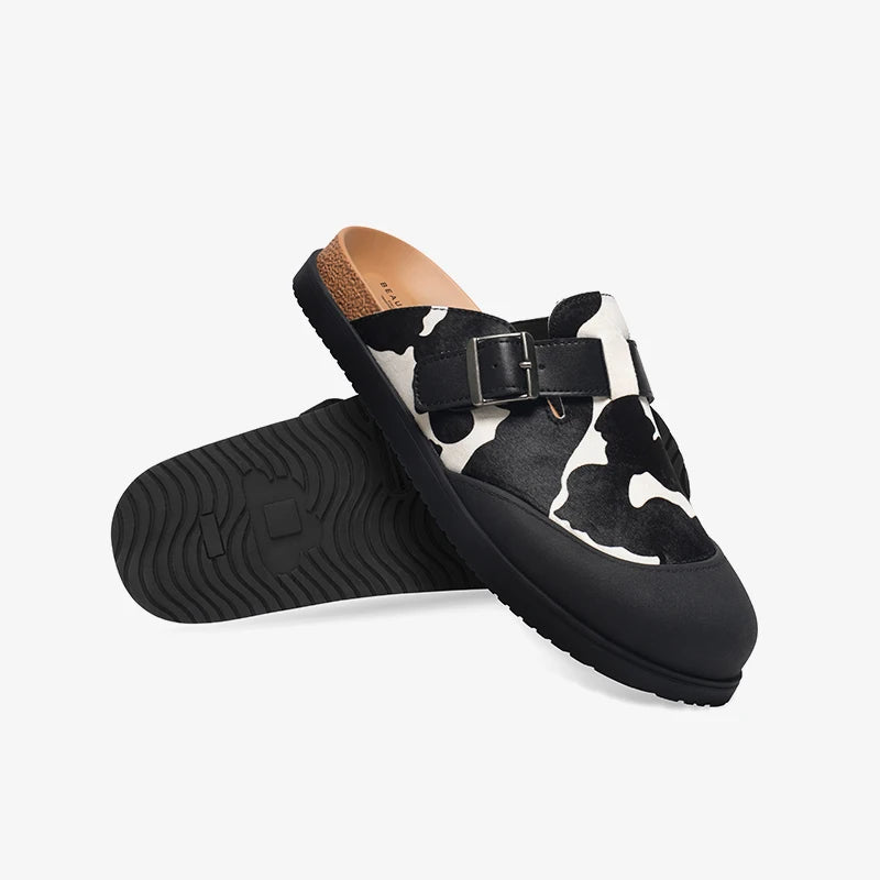 Casual Cow Leather Cow Pattern Round Toe Slippers