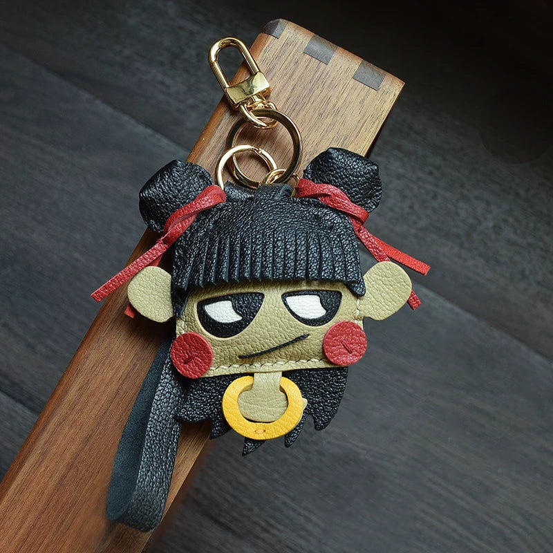 Original Nezha Design Handmade Genuine Leather Car Key Holder Chain,Unique Mythical Hero Keychain Accessory for Men and Women