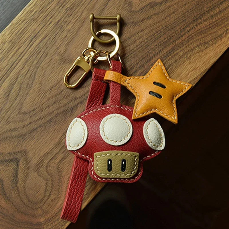 Handmade Leather Mushroom and Star Bag Charm