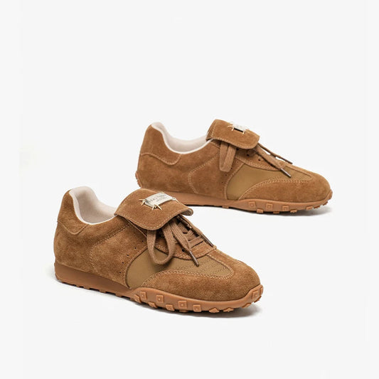 Cow Suede Metal Buckle Leather Flat Sneakers