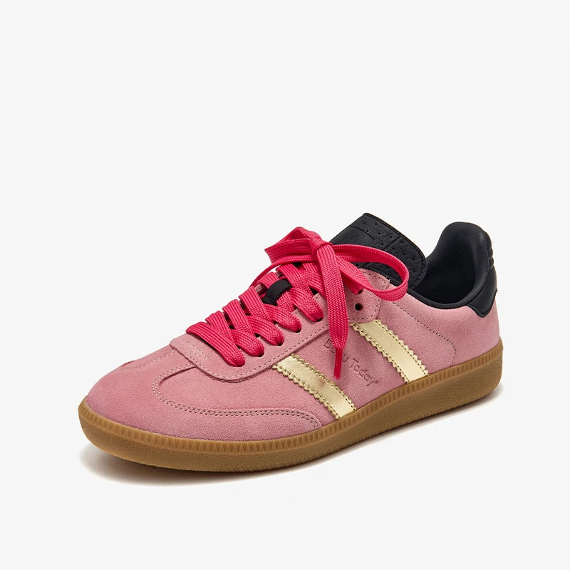 Cow Suede Patchwork Leather Lace Up Pink Sneakers