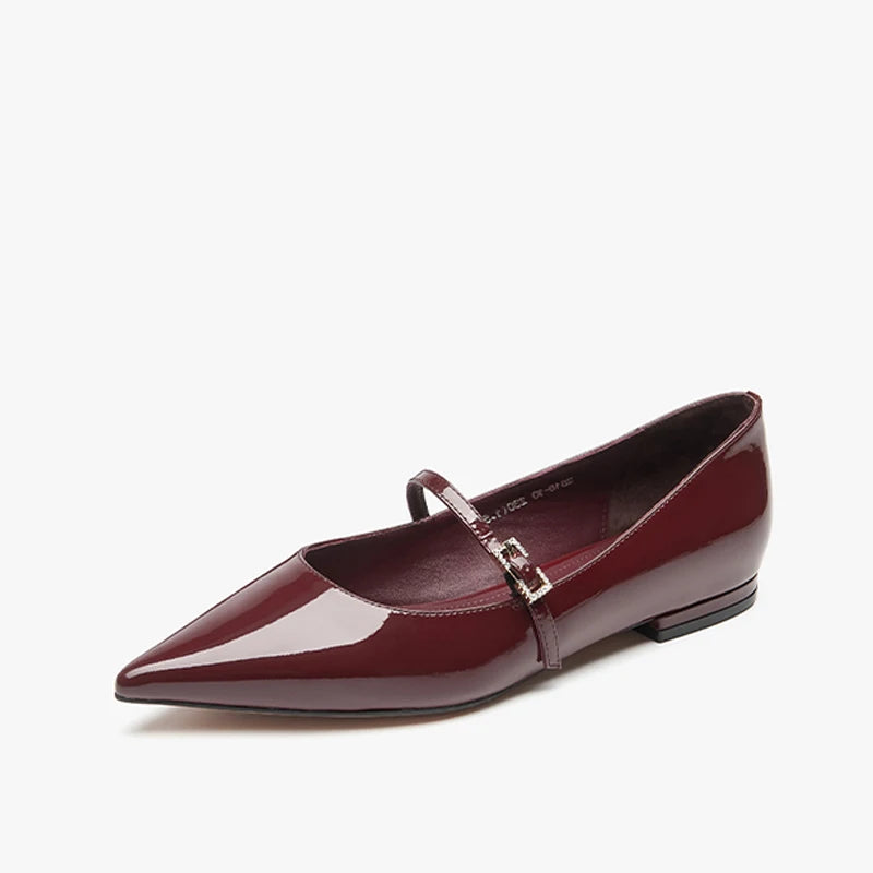Patent Leather Pointed Toes Buckle Straps Solid Mary Jane Flats