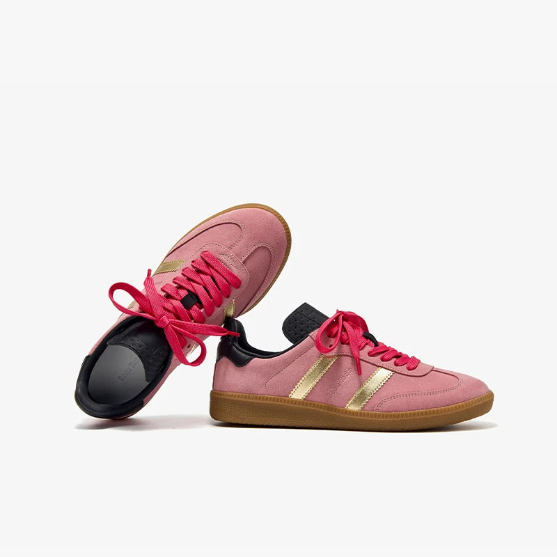 Cow Suede Patchwork Leather Lace Up Pink Sneakers
