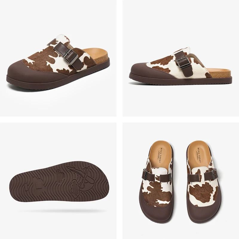 Casual Cow Leather Cow Pattern Round Toe Slippers